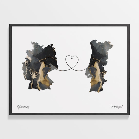 Germany to Portugal Black Gold Marble Heart Connection Map Poster