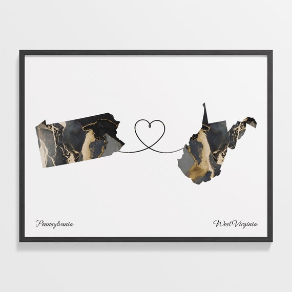 Pennsylvania To West Virginia Print West Virginian Gift Marble Two Countries Map Poster Travel Art Adventure Awaits C22 1453