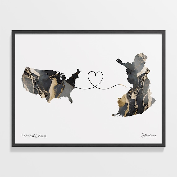 United States Finland Black Gold Marble Map Art Heart Connection Poster