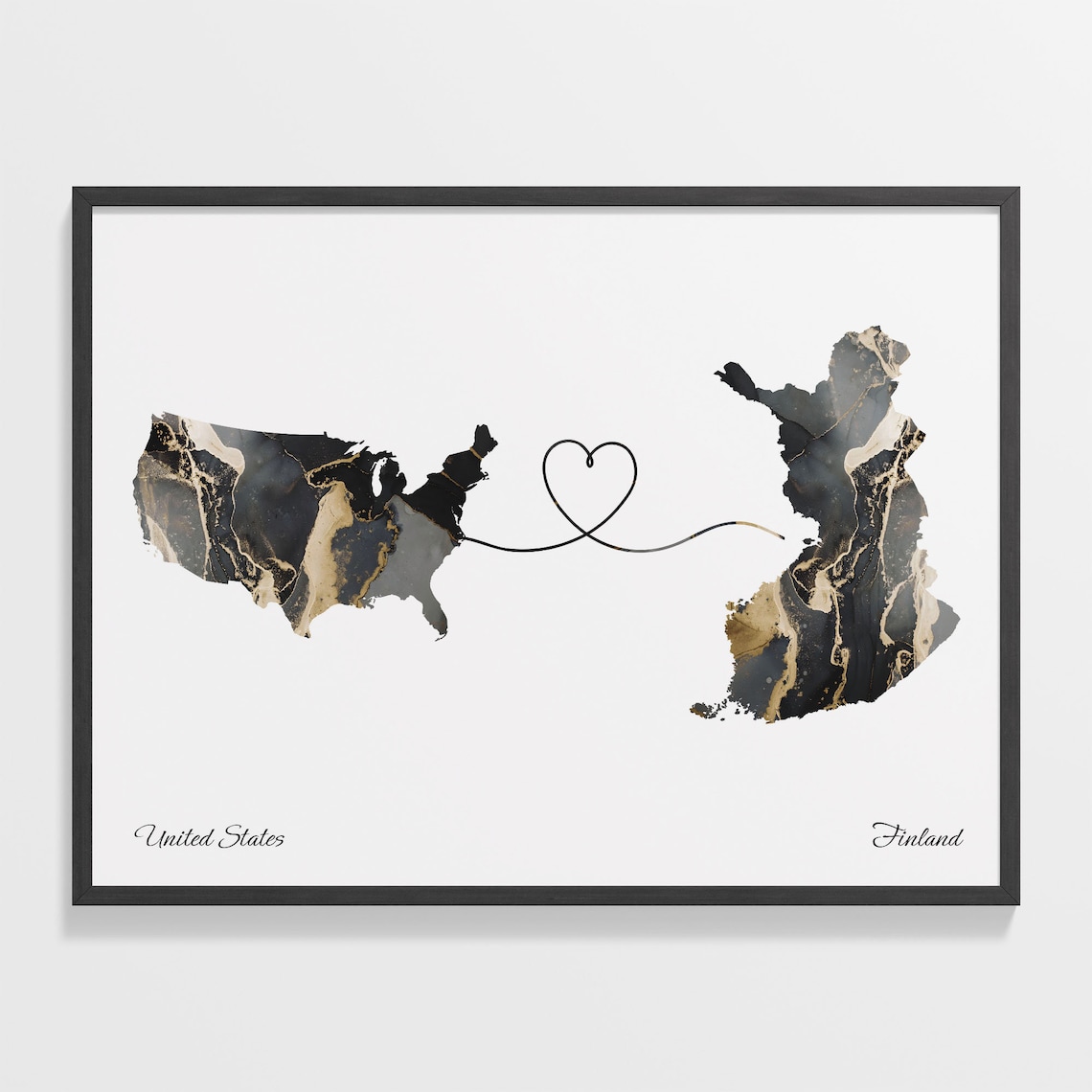 United States Finland Black Gold Marble Map Art Heart Connection Poster