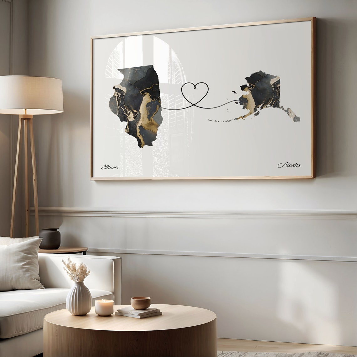 Illinois to Alaska Black Gold Marble Map Heart Connection Poster - Image 2