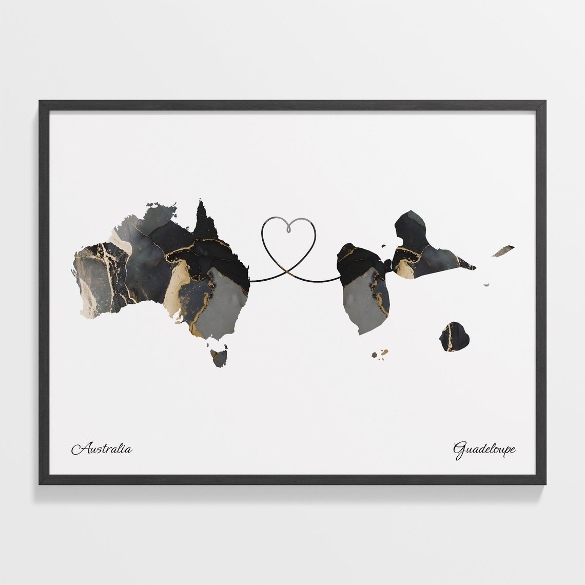 Australia and Guadeloupe Black Gold Marble Heart Connection Map Poster