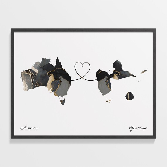 Australia and Guadeloupe Black Gold Marble Heart Connection Map Poster