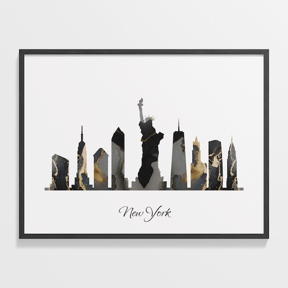 New York City Statue of Liberty Marble Skyline Silhouette Poster