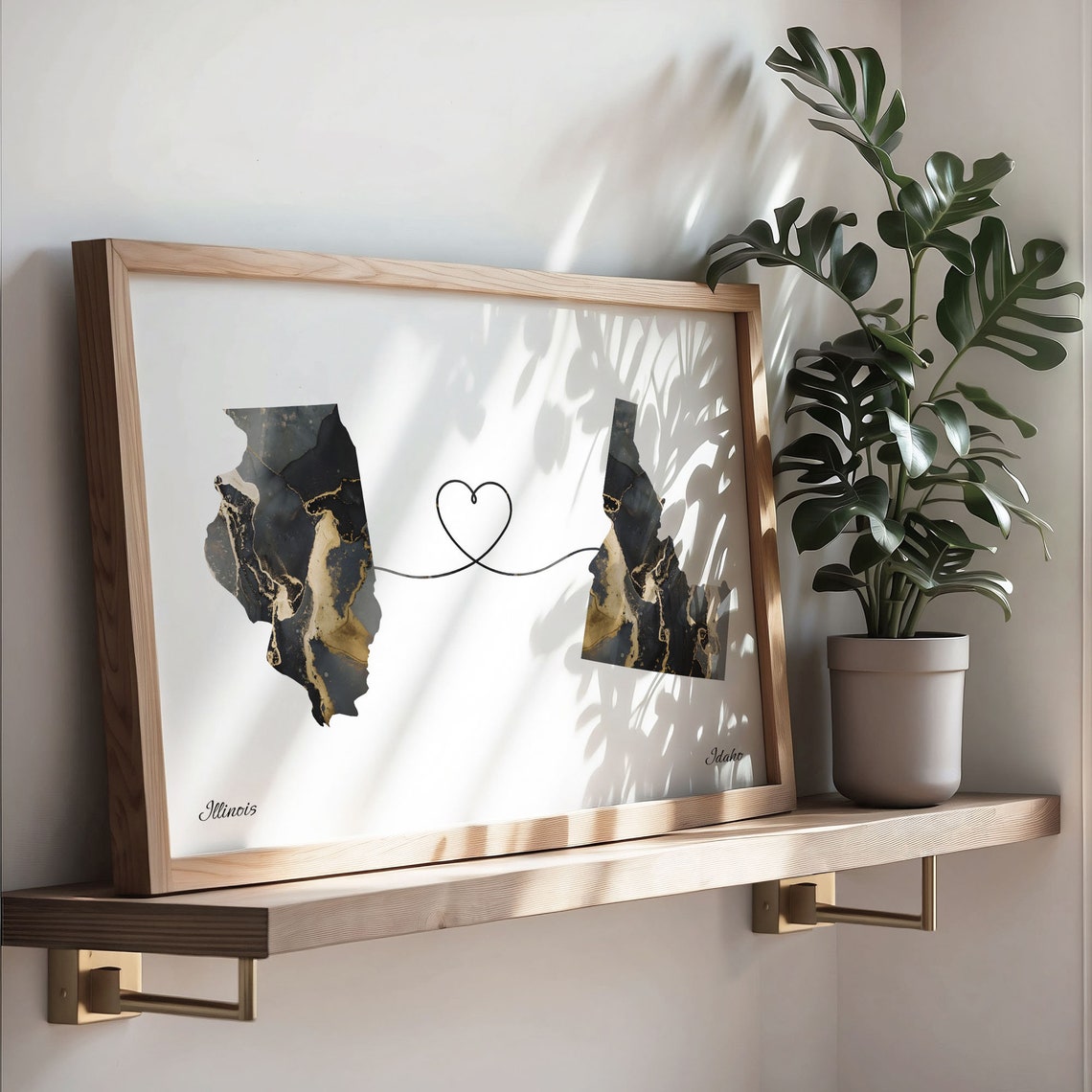 Illinois to Idaho Black Gold Marble Map Heart Connection Poster - Image 3