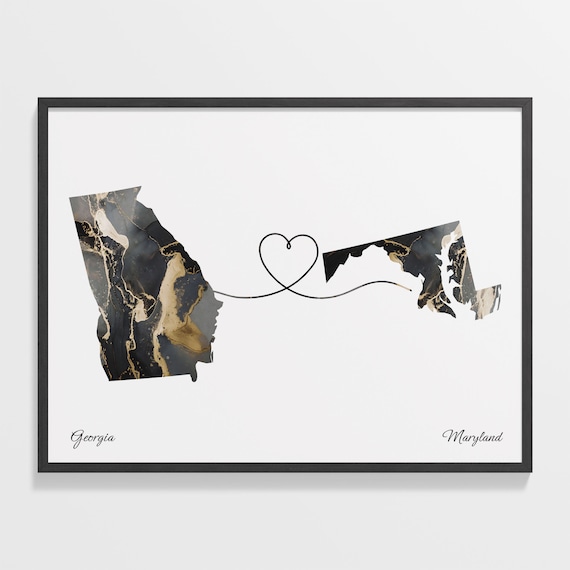 Georgia Maryland Long Distance Black Gold Marble Heart Map Poster