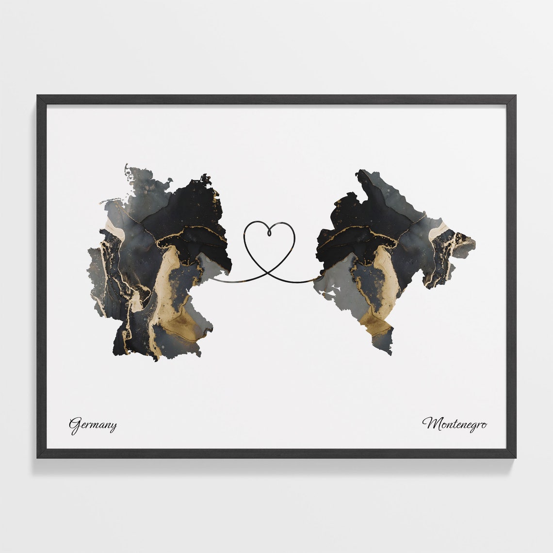Germany to Montenegro Black Gold Marble Heart Map Art Poster