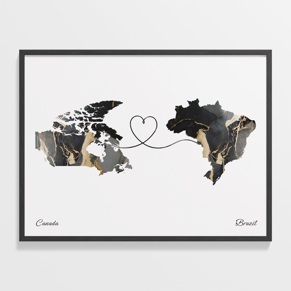 Canada To Brazil Marble Heart Map Two Country Long Distance Gift Poster