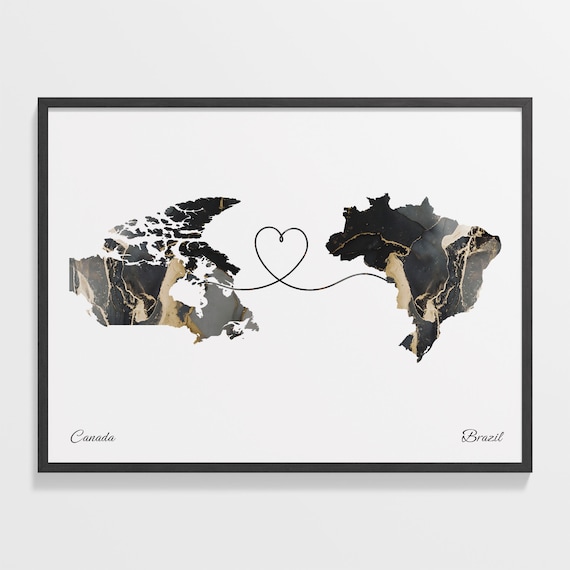 Canada To Brazil Marble Heart Map Two Country Long Distance Gift Poster