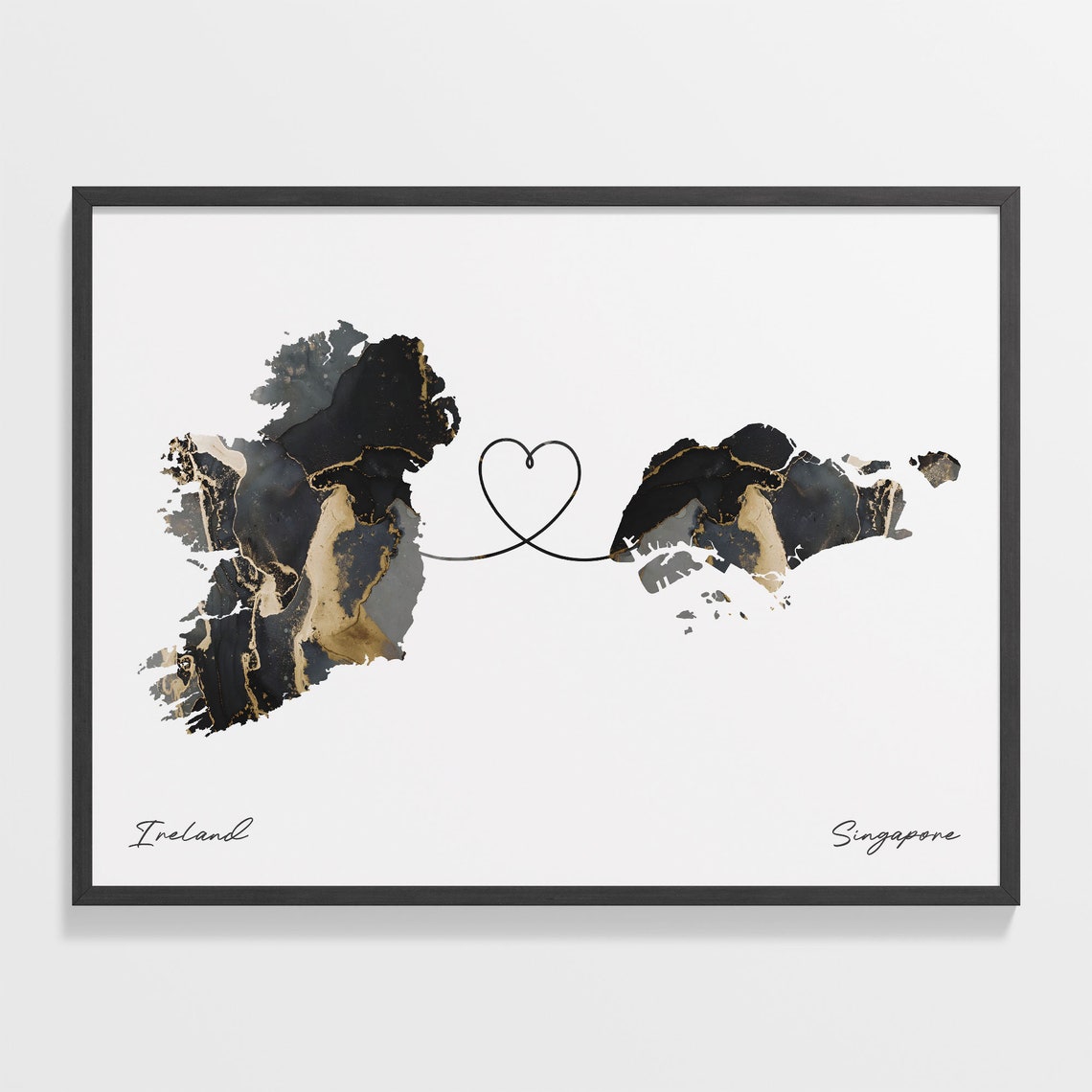 Ireland and Singapore Black and Gold Marble Two Countries Map Poster