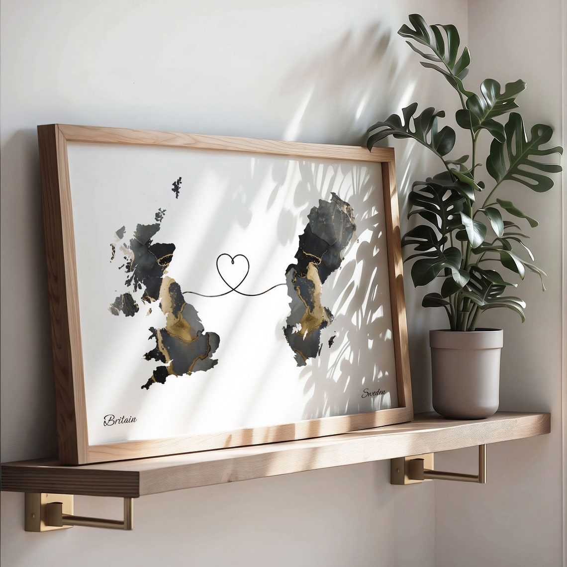 Britain To Sweden Long Distance Marble Map Heart Print Gift Art - Image 3