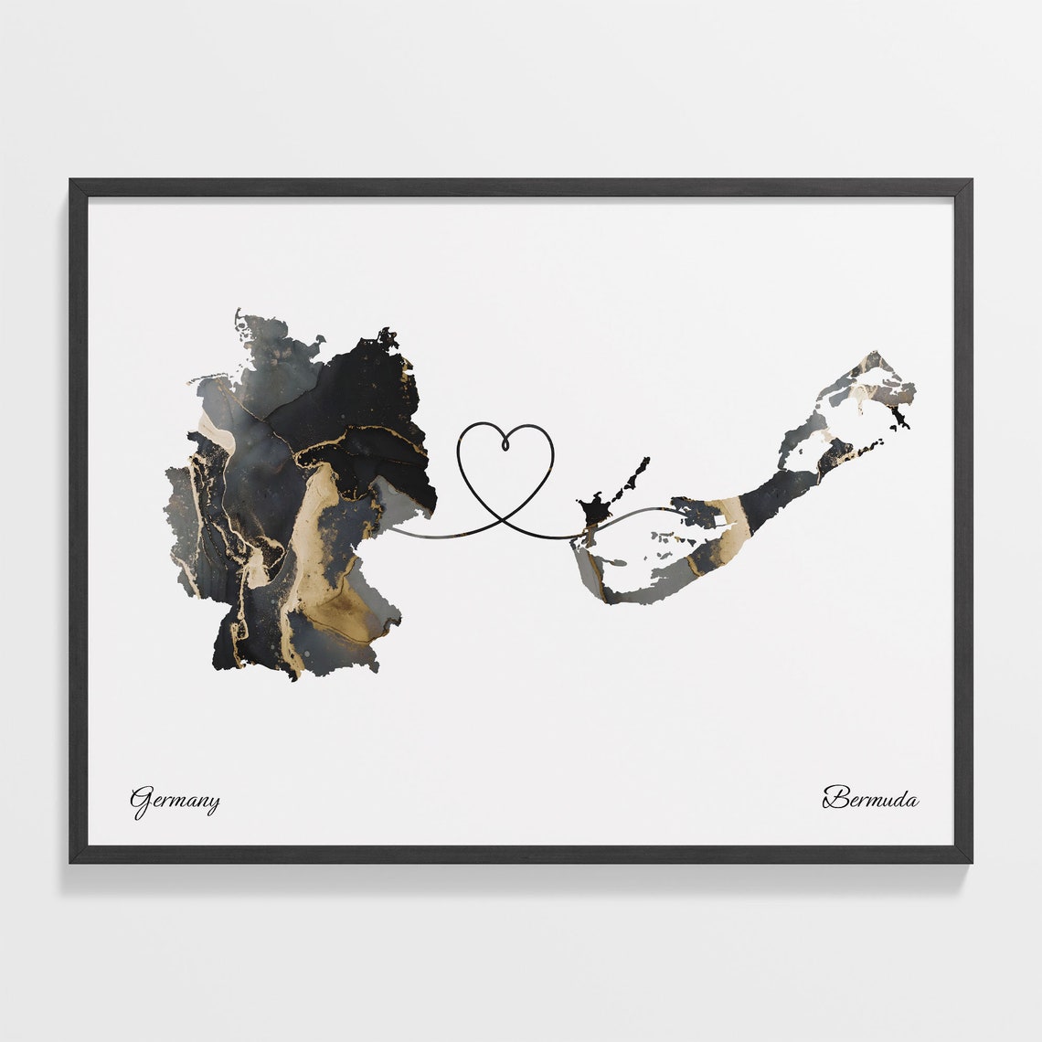 Germany and Bermuda Heart Connection Black and Gold Marble Poster