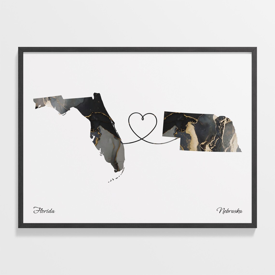 Florida to Nebraska Marble State Map Heart Long Distance Connection Poster