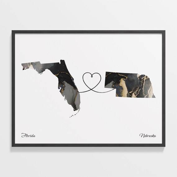 Florida to Nebraska Marble State Map Heart Long Distance Connection Poster