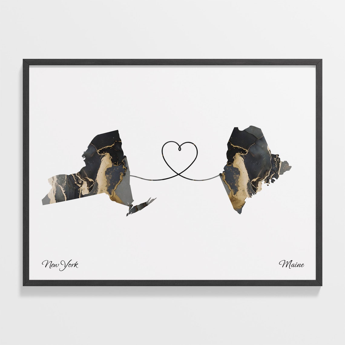 New York and Maine Long Distance Gift Marble State Map Poster