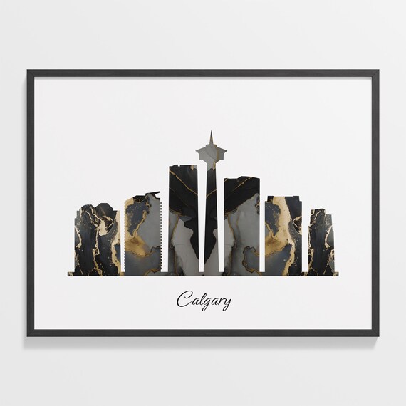 Calgary Canada Black Gold Marble Skyline Tower Silhouette Art Poster