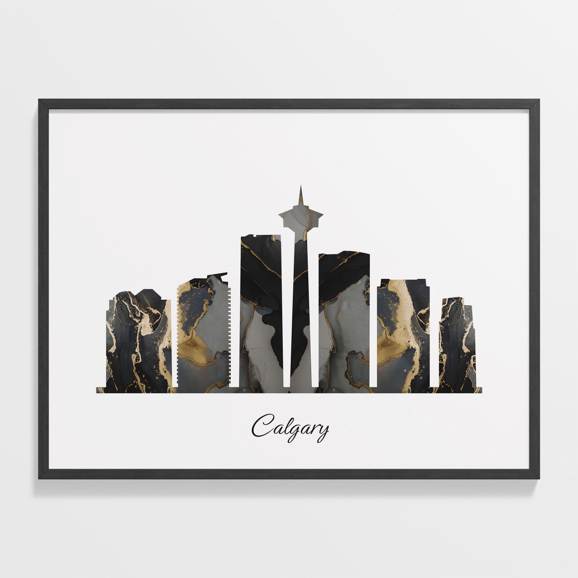 Calgary Canada Black Gold Marble Skyline Tower Silhouette Art Poster