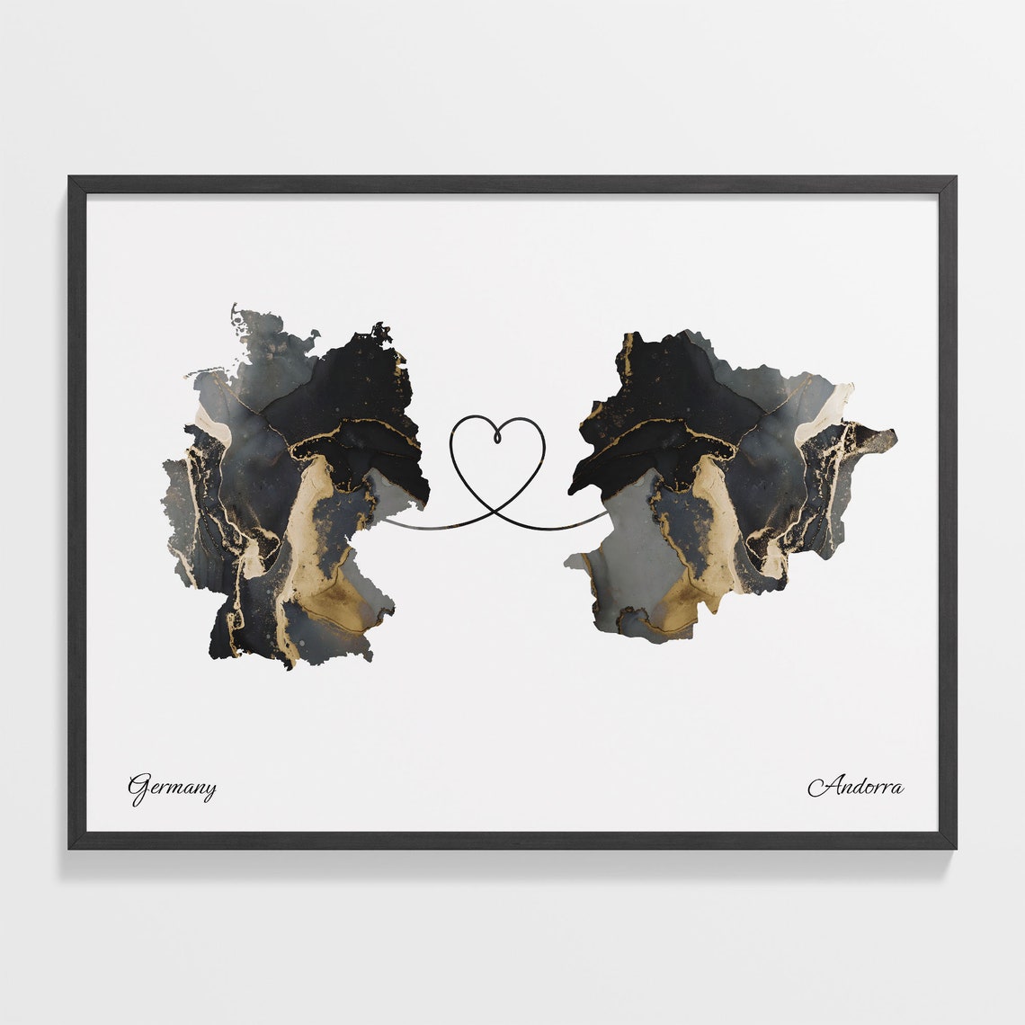 Germany and Andorra Black Gold Marble Two Country Love Map Poster