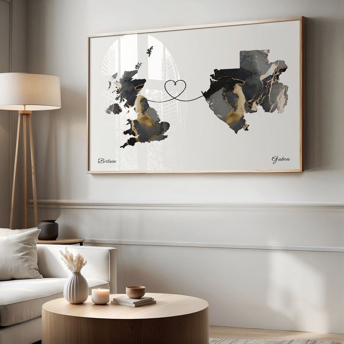 Britain to Gabon Black Gold Marble Map Heart Line Art Poster - Image 2
