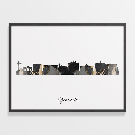 Granada Skyline Minimalist Black Gold Marble Cityscape Art Poster