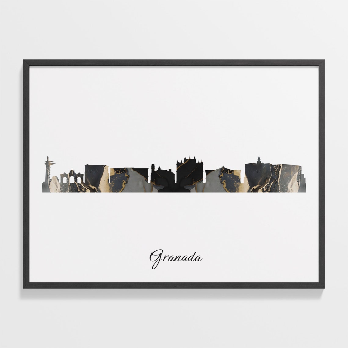 Granada Skyline Minimalist Black Gold Marble Cityscape Art Poster