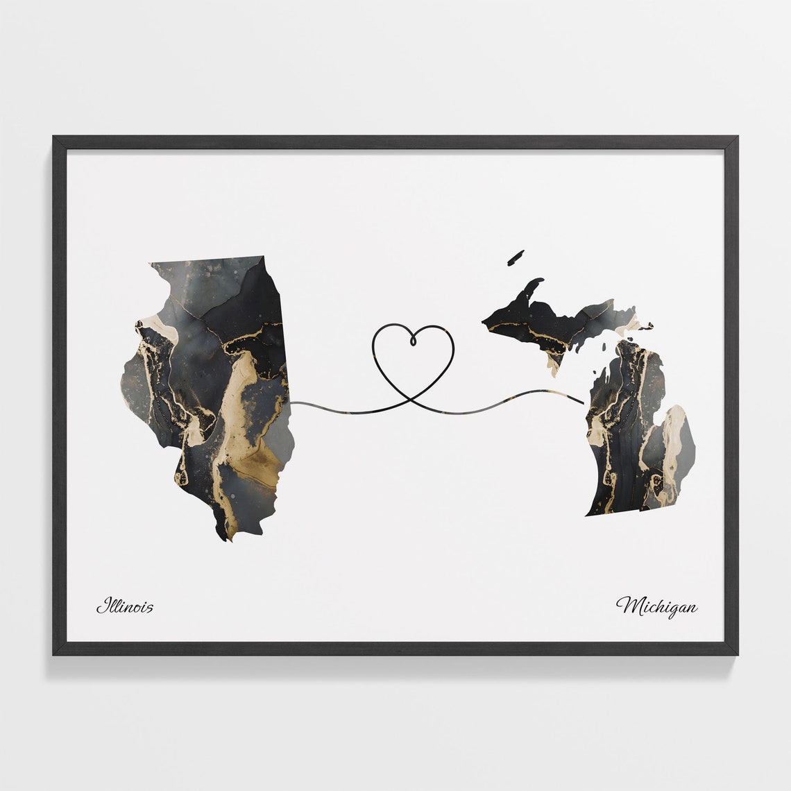 Illinois Michigan Black and Gold Heart Long Distance Map Poster