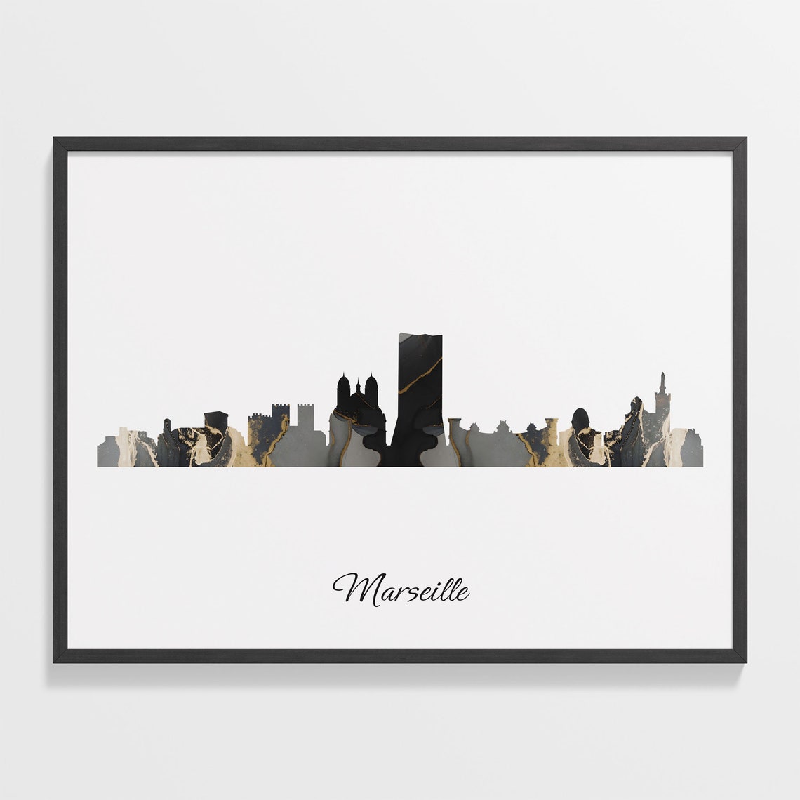 Marseille France Black Gold Marble Skyline Silhouette City Print