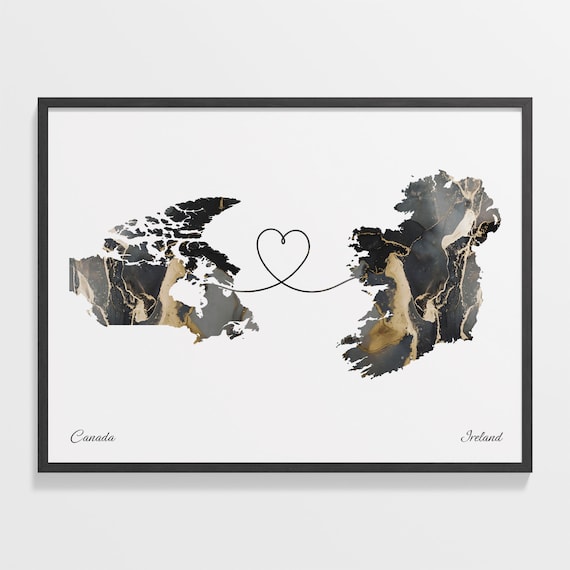 Canada to Ireland Black Gold Marble Heart Map Art Wall Poster