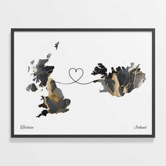 Britain and Iceland Marble Heart Connected Countries Map Poster