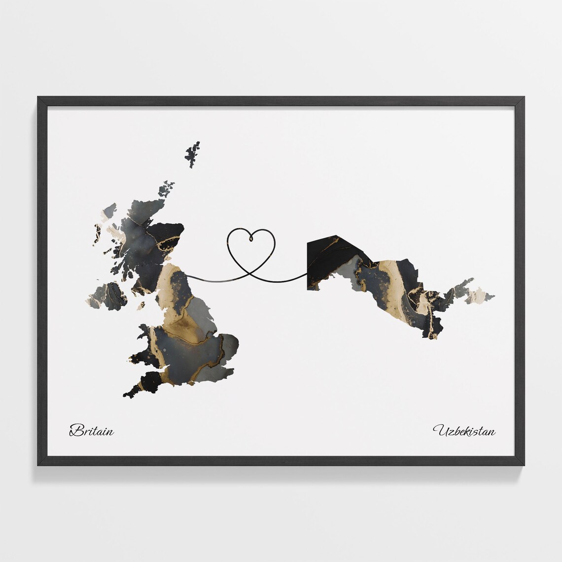 Britain and Uzbekistan Heart Connection Black and Gold Marble Poster