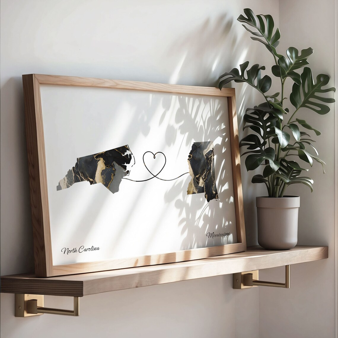 North Carolina Mississippi Long Distance Love Black Gold Marble Map Poster - Image 3