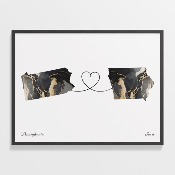 Pennsylvania to Iowa Long Distance Love Marble Map Art Poster