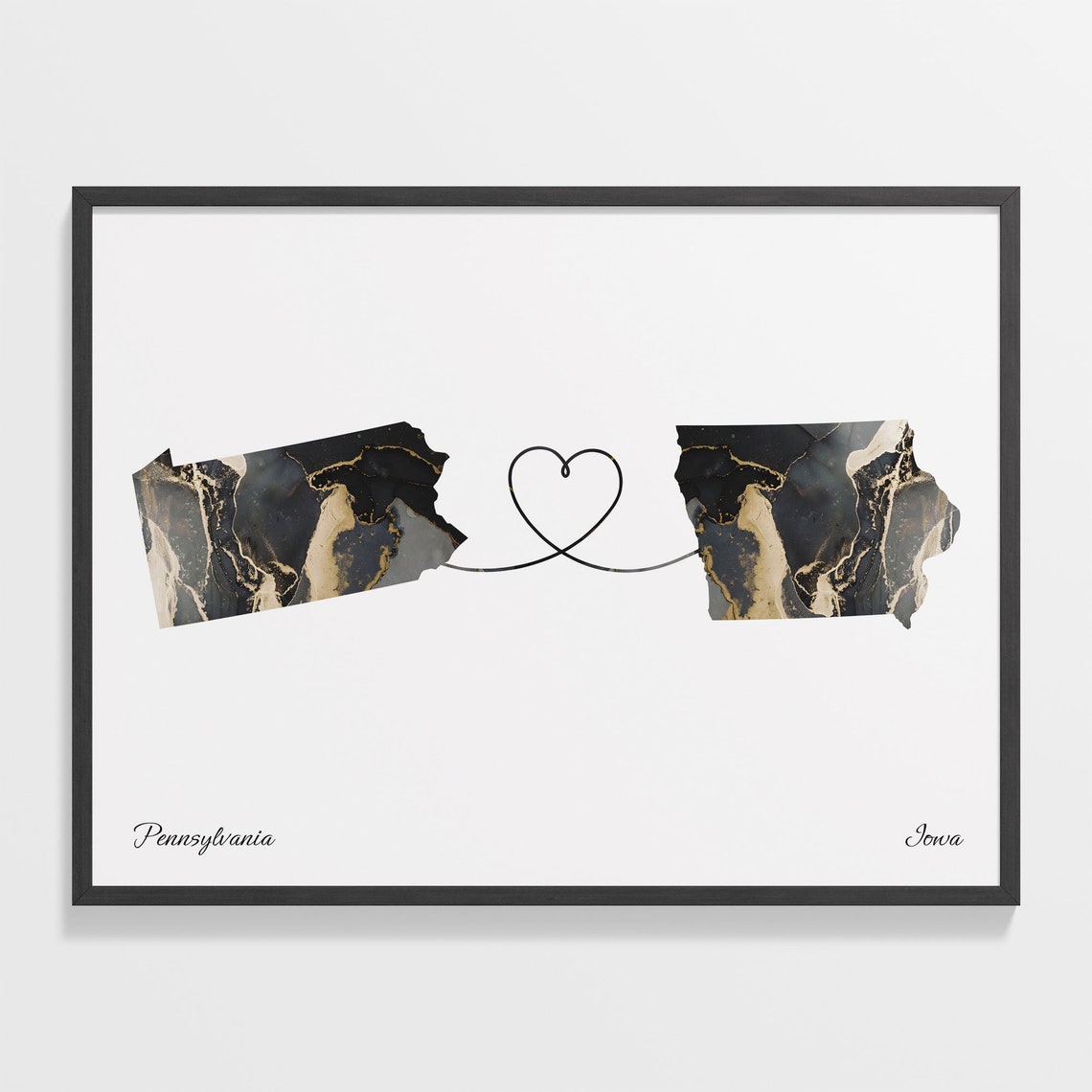 Pennsylvania to Iowa Long Distance Love Marble Map Art Poster