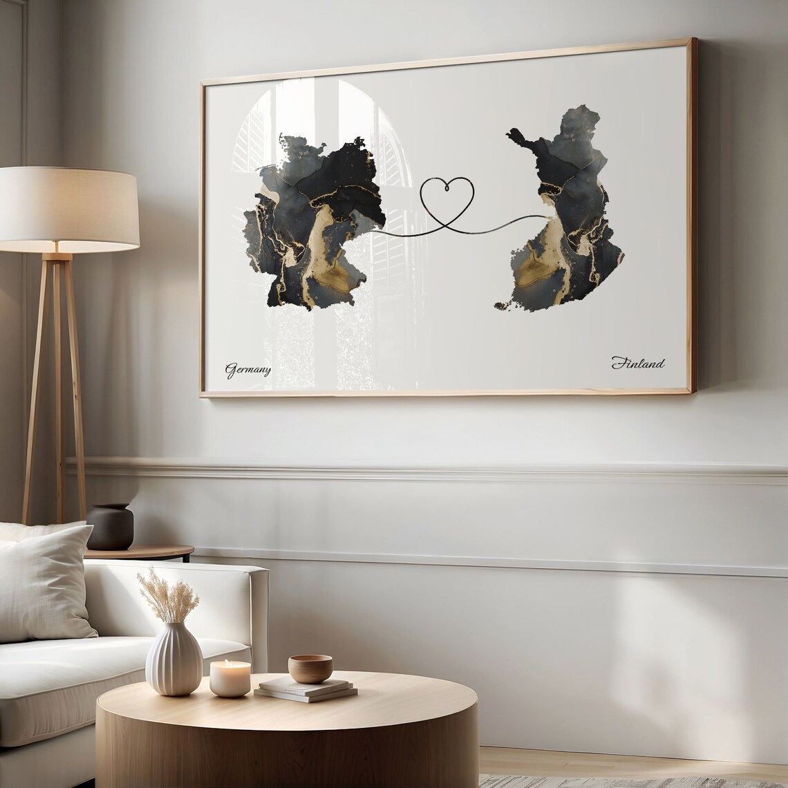 Germany and Finland Marble Heart Connected Countries Map Poster - Image 2
