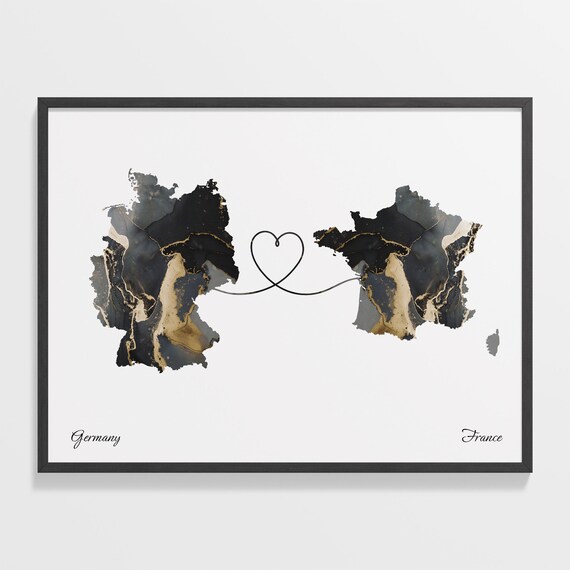 Germany and France Marble Heart Connected Countries Map Poster