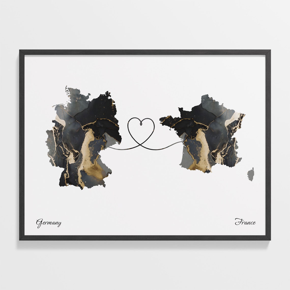 Germany and France Marble Heart Connected Countries Map Poster