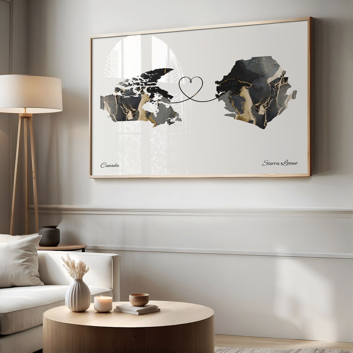 Canada To Sierra Leone Black Gold Marble Long Distance Heart Map Poster - Image 2