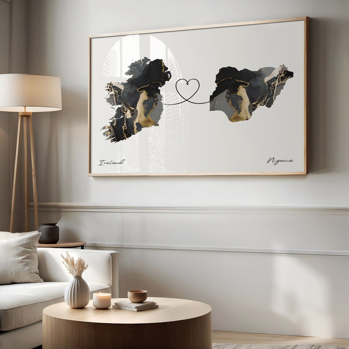 Ireland and Nigeria Black and Gold Marble Heart Map Connection Poster - Image 2