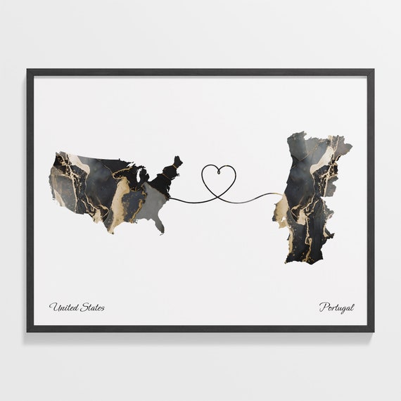 USA to Portugal Map Poster, Travel Wall Art