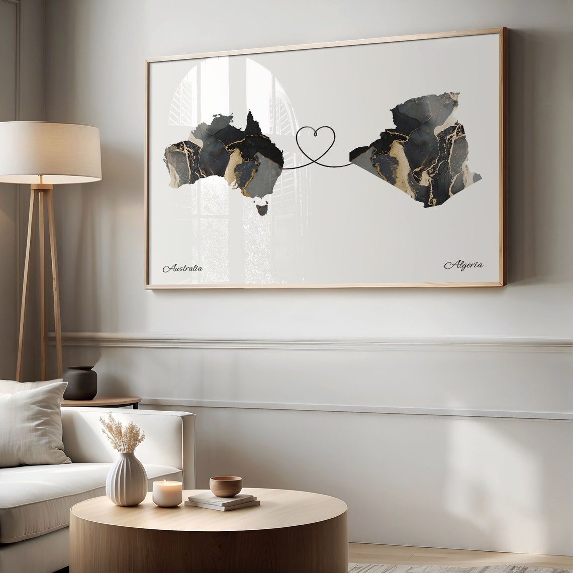 Australia and Algeria Two Countries Black Gold Marble Map Poster - Image 2