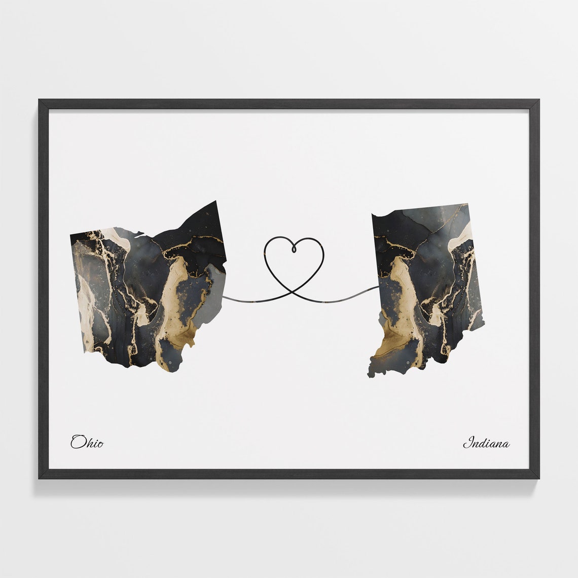 Ohio Indiana Long Distance Black Gold Marble Heart Map Poster