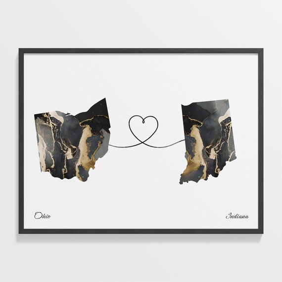 Ohio Indiana Long Distance Black Gold Marble Heart Map Poster