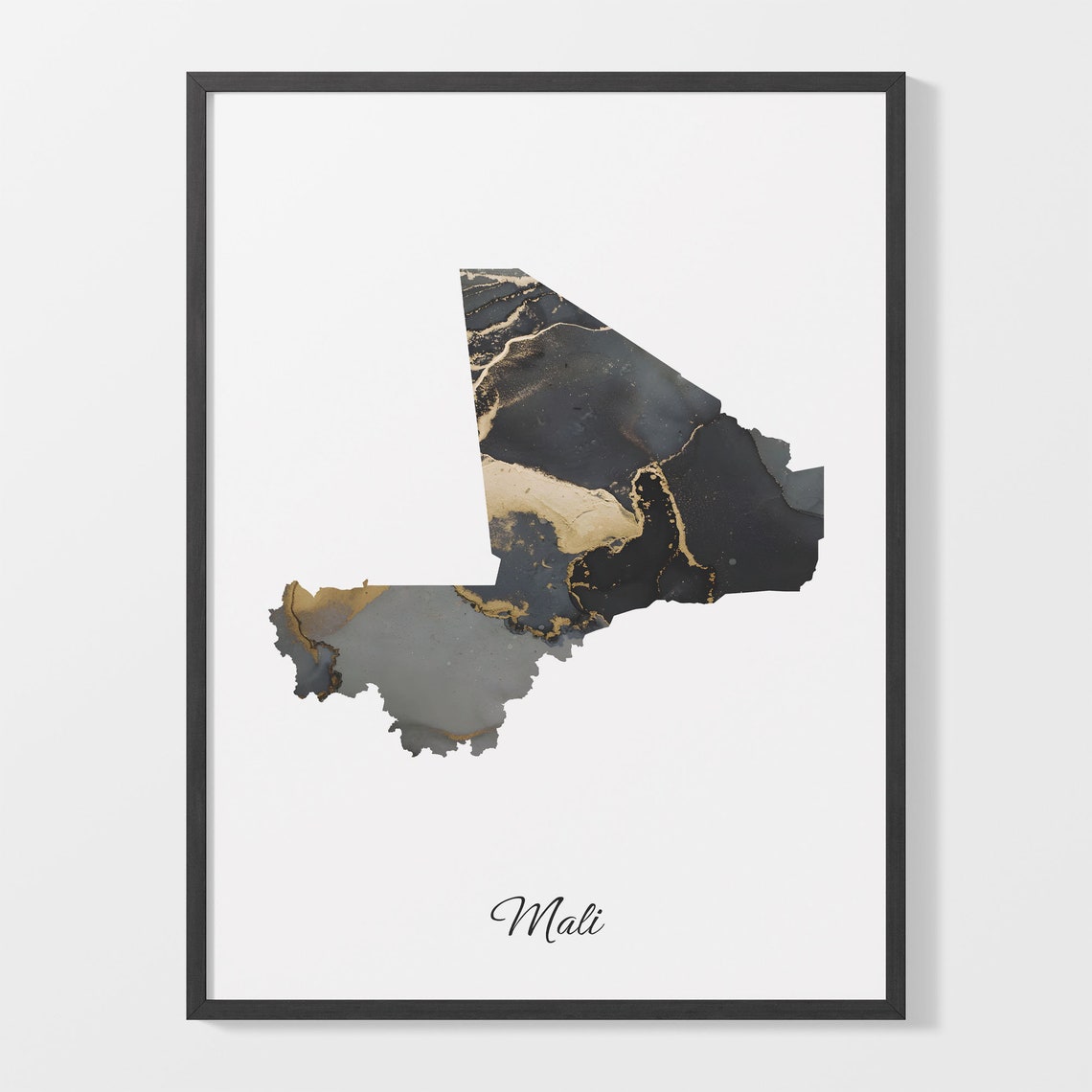 Mali Black and Gold Marble Country Map Silhouette Minimalist Poster