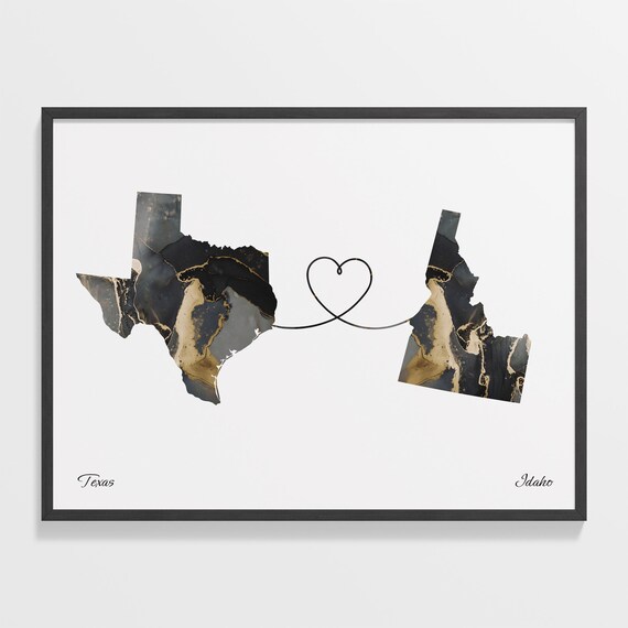 Texas and Idaho Black Gold Marble Map Heart Connection Poster