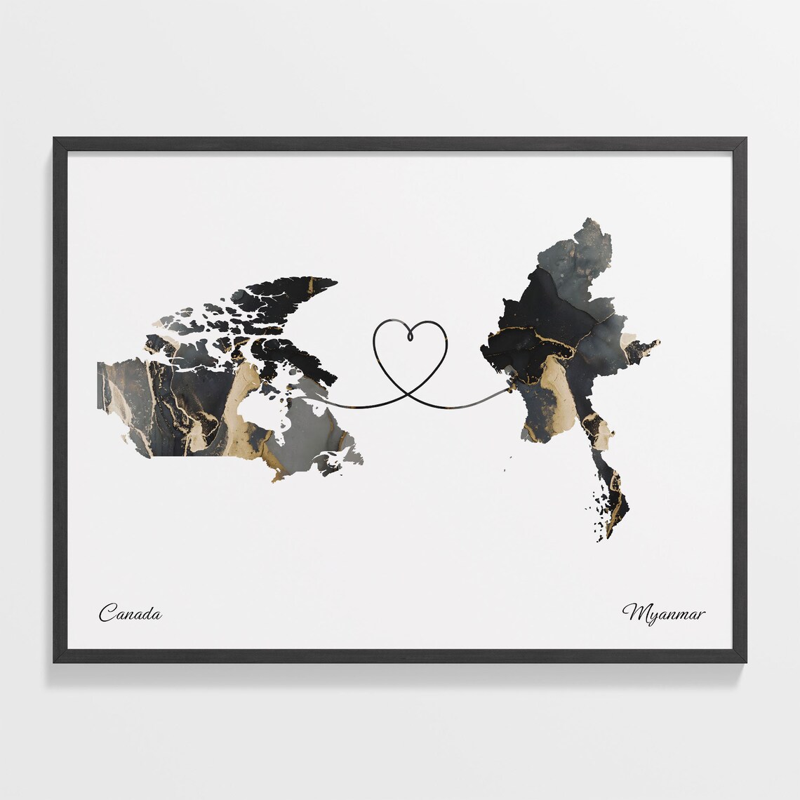 Canada To Myanmar Marble Heart Map Two Country Long Distance Gift Poster
