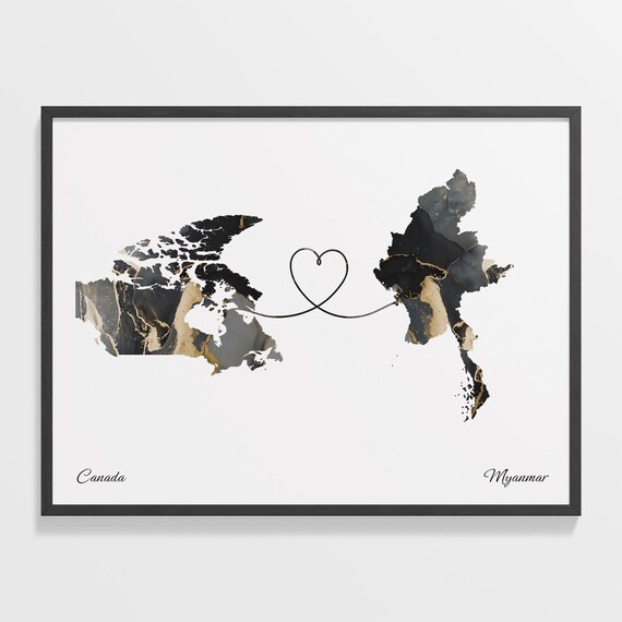 Canada To Myanmar Marble Heart Map Two Country Long Distance Gift Poster
