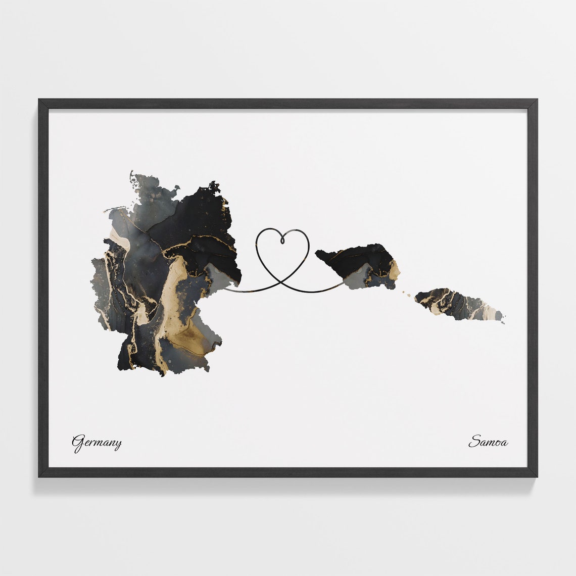 Germany to Samoa Black Gold Marble Heart Map Art Wall Poster