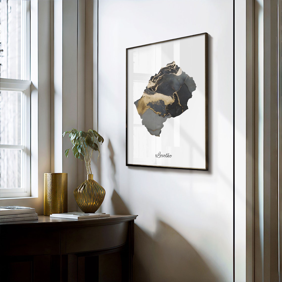 Lesotho Black and Gold Marble Country Map Silhouette Minimalist Poster - Image 3