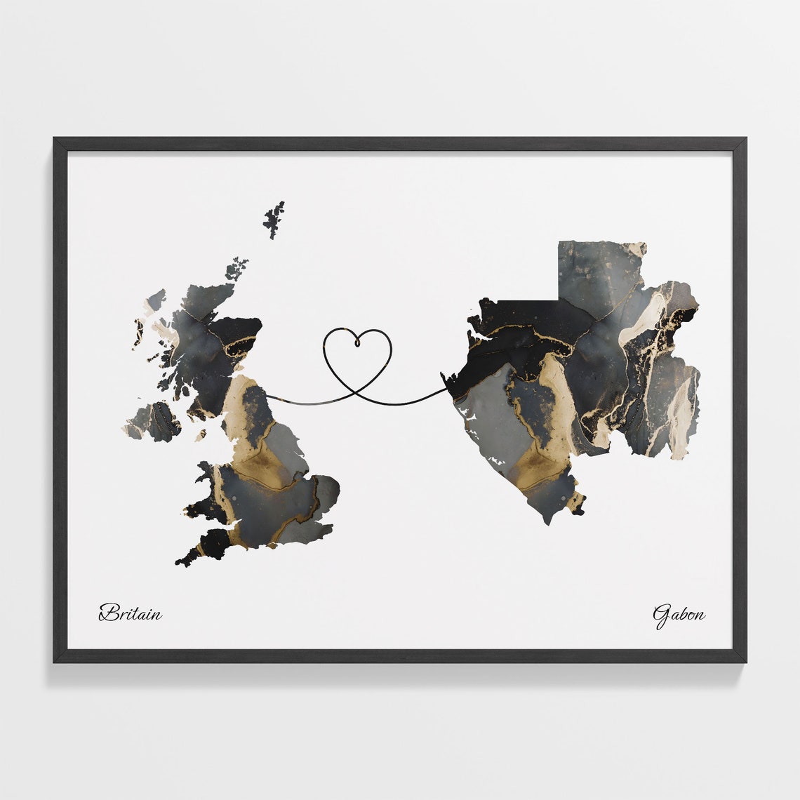 Britain to Gabon Black Gold Marble Map Heart Line Art Poster