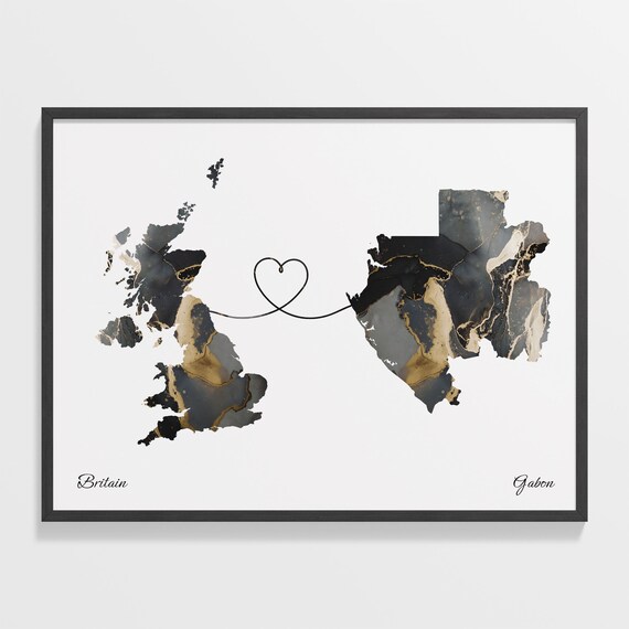 Britain to Gabon Black Gold Marble Map Heart Line Art Poster